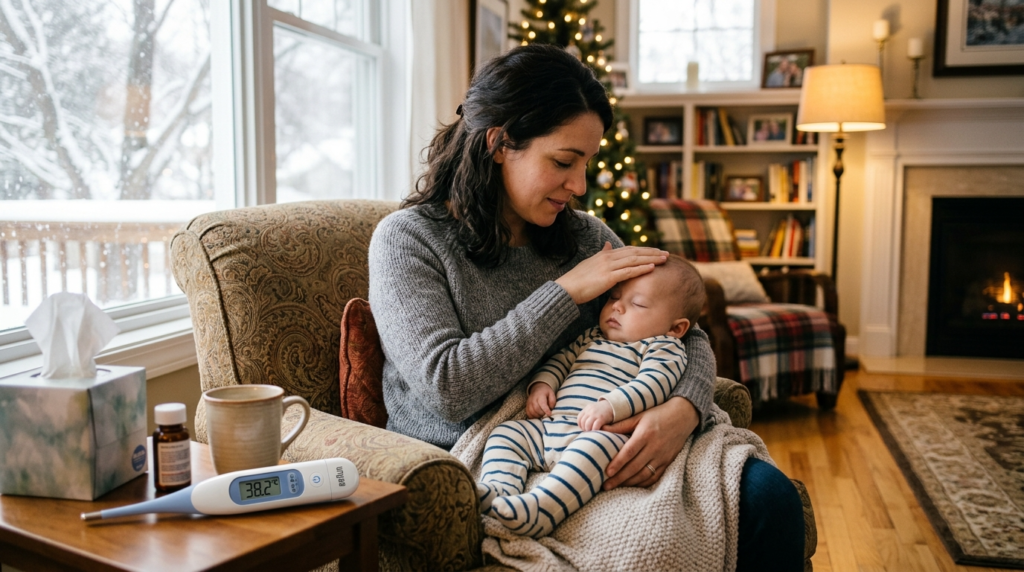 Madre tocando frente de bebe con fiebre